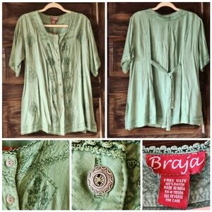 BRAJA Green Shirt with Embroidered Details and Tie Back - Handcrafted XL/XXL